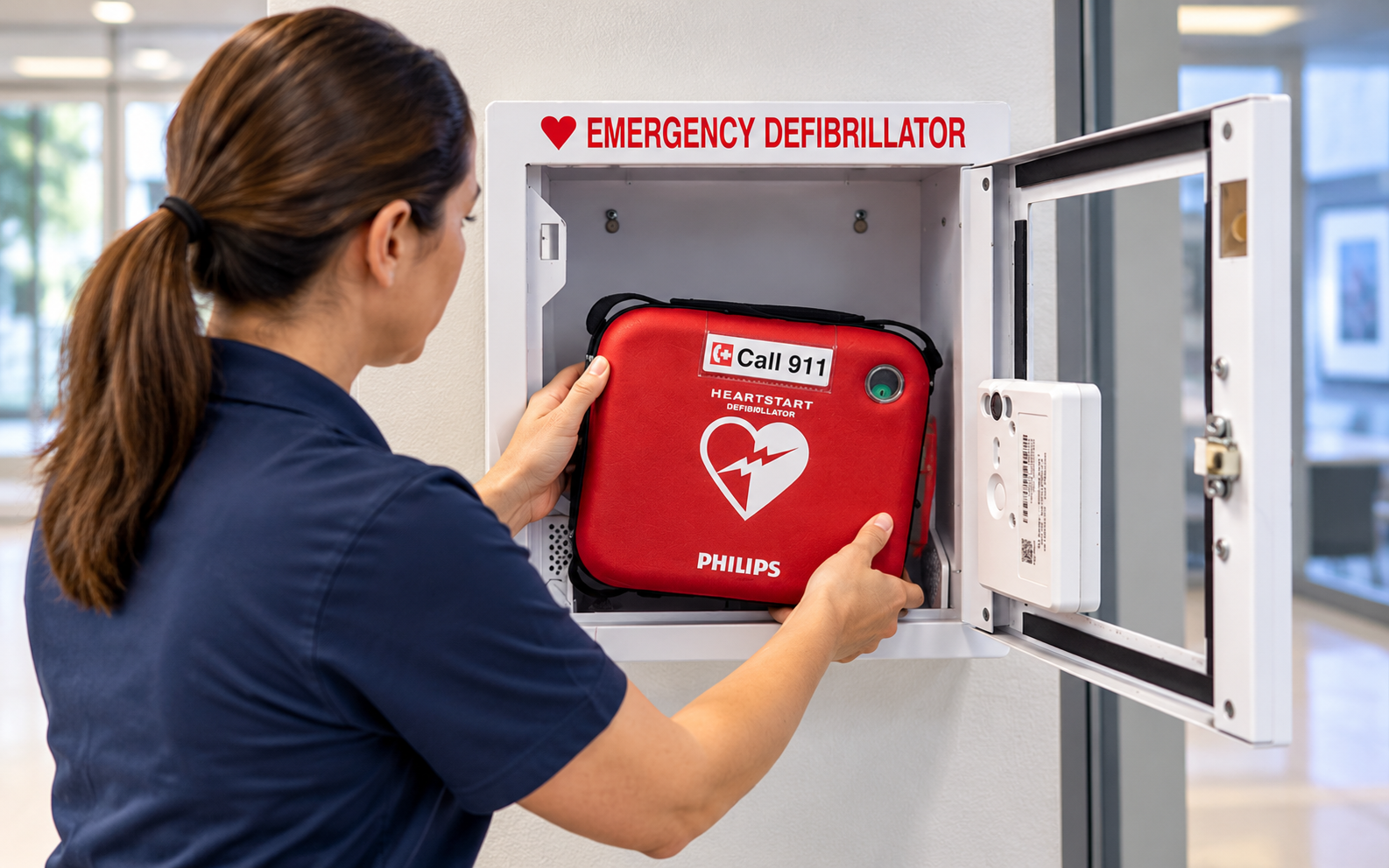 Person removing a Philips HeartStart AED from a wall-mounted AED cabinet.