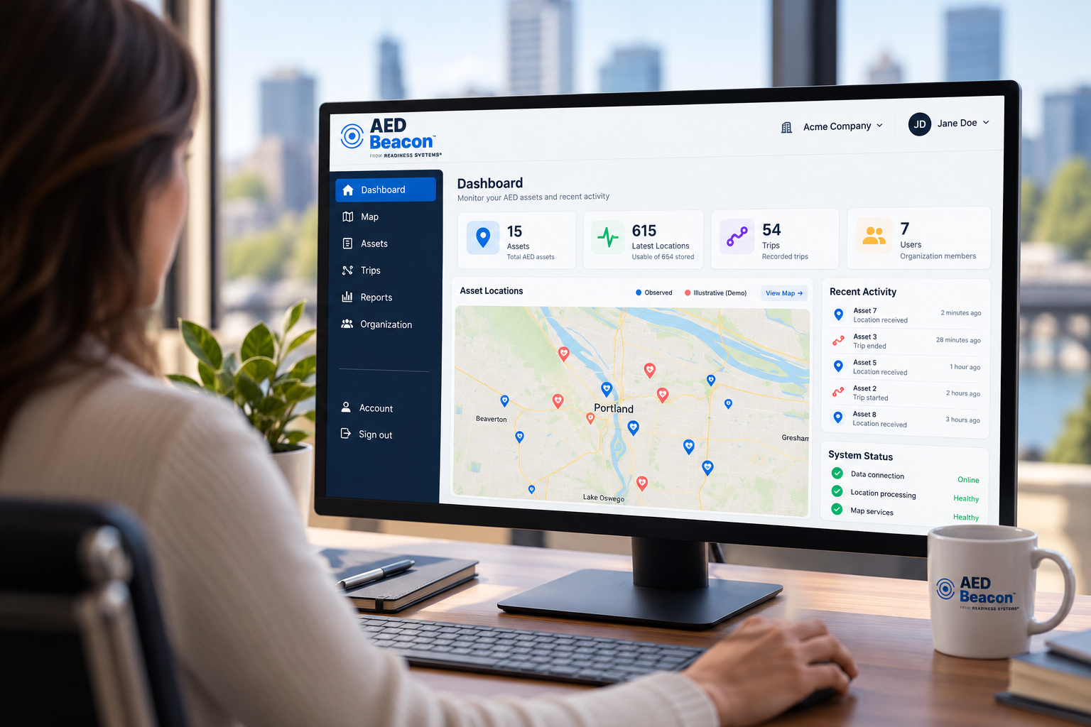AED Beacon location visibility dashboard displayed on a desktop monitor