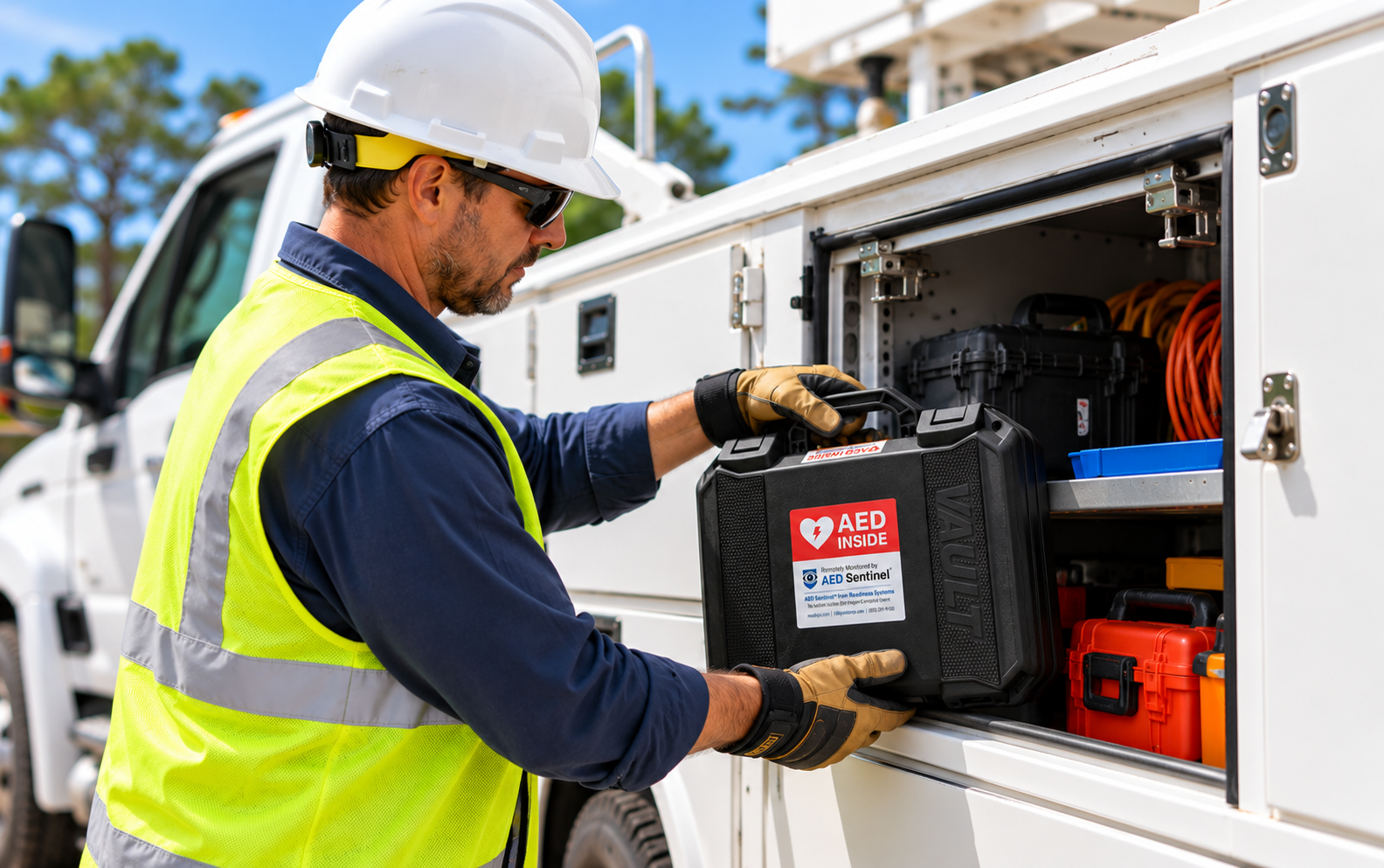 Utility worker removing a Readiness Systems AED Sentinel case from a service truck.